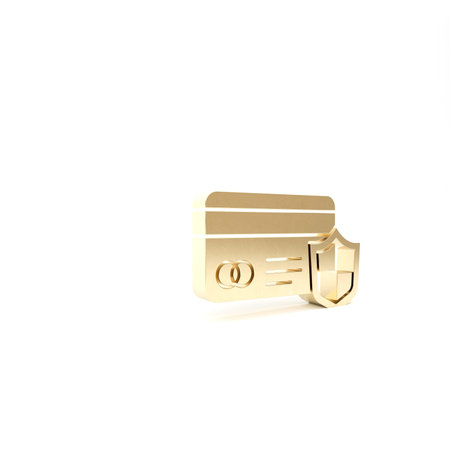 Gold Credit card with shield icon isolated on white background. Online payment. Cash withdrawal....