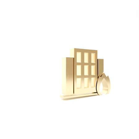 Gold Fire in burning house icon isolated on white background. Insurance concept. Security, safety, protection, protect concept. 3d illustration 3D renderの写真素材