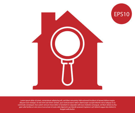 Red Search house icon isolated on white background. Real estate symbol of a house under magnifying glass. Vectorのイラスト素材