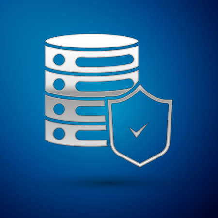 Silver Server with shield icon isolated on blue background. Protection against attacks. Network firewall, router, switch, data. Vectorのイラスト素材
