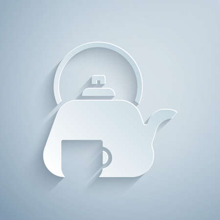 Paper cut Traditional tea ceremony icon isolated on grey background. Teapot with cup. Paper art style. Vectorのイラスト素材