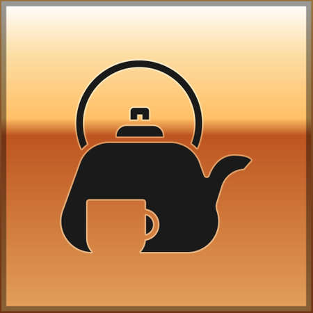 Black Traditional tea ceremony icon isolated on gold background. Teapot with cup. Vectorのイラスト素材