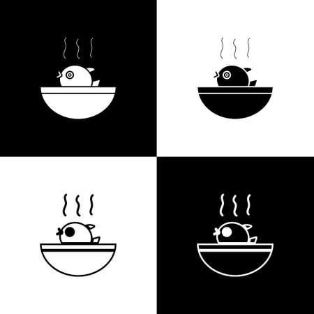 Set Puffer fish soup icon isolated on black and white background. Fugu fish japanese puffer fish. Vector.のイラスト素材