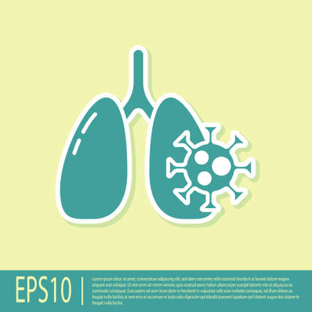 Green Virus cells in lung icon isolated on yellow background. Infected lungs. Coronavirus, COVID-19. 2019-nCoV. Vector.のイラスト素材