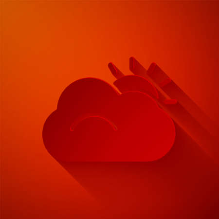 Paper cut Sun and cloud weather icon isolated on red background. Paper art style. Vector Illustrationのイラスト素材
