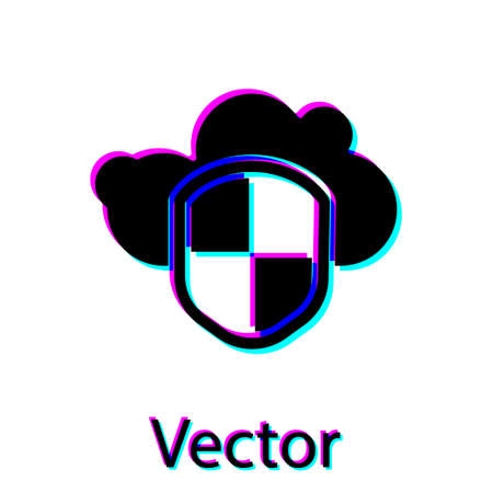 Black Cloud and shield icon isolated on white background. Cloud storage data protection. Security, safety, protection, privacy concept. Vector Illustrationのイラスト素材