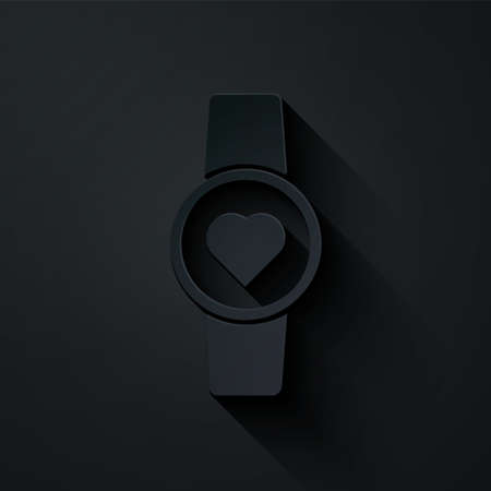 Paper cut Smart watch showing heart beat rate icon isolated on black background. Fitness App concept. Paper art style. Vector Illustrationのイラスト素材