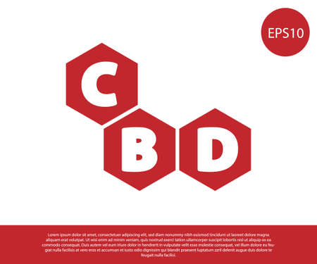 Red Cannabis molecule icon isolated on white background. Cannabidiol molecular structures, THC and CBD formula. Marijuana sign. Vector Illustrationのイラスト素材