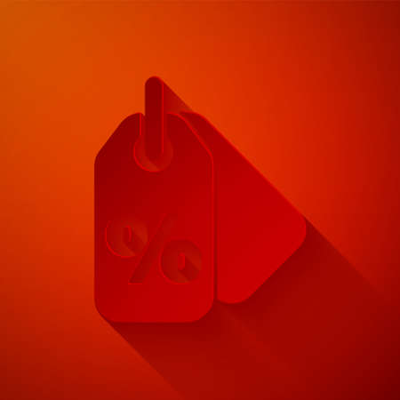 Paper cut Discount percent tag icon isolated on red background. Shopping tag sign. Special offer sign. Discount coupons symbol. Paper art style. Vector Illustrationのイラスト素材
