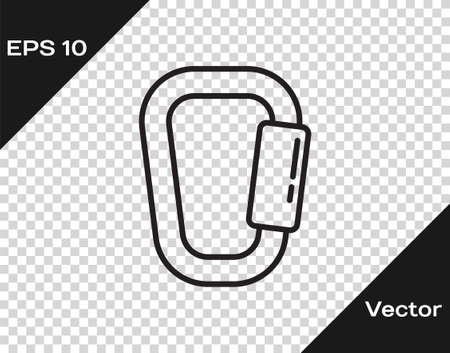 Black line Carabiner icon isolated on transparent background. Extreme sport. Sport equipment. Vector Illustrationのイラスト素材
