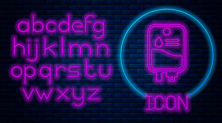 Glowing neon IV bag icon isolated on brick wall background. Blood bag. Donate blood concept. The concept of treatment and therapy, chemotherapy. Neon light alphabet. Vectorのイラスト素材