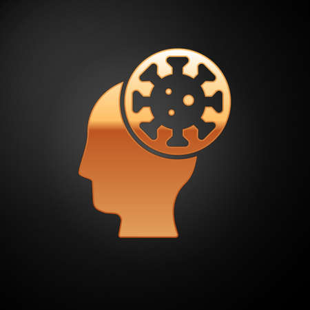 Gold Human and virus icon isolated on black background. Corona virus 2019-nCoV. Bacteria and germs, cell cancer, microbe, fungi. Vector.のイラスト素材