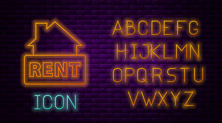 Glowing neon line Hanging sign with text Rent icon isolated on brick wall background. Signboard with text For Rent. Neon light alphabet. Vectorのイラスト素材