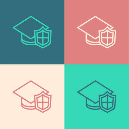 Pop art line Graduation cap with shield icon isolated on color background. Insurance concept. Security, safety, protection, protect concept. Vector.のイラスト素材