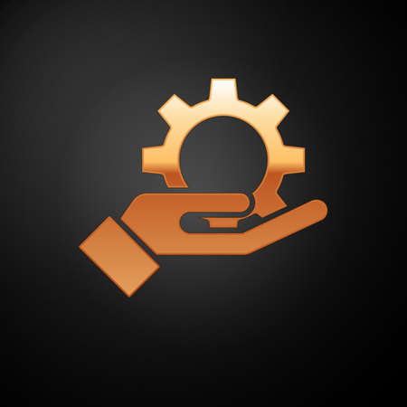 Gold Hand settings gear icon isolated on black background. Adjusting, service, maintenance, repair, fixing. Vector Illustration.のイラスト素材