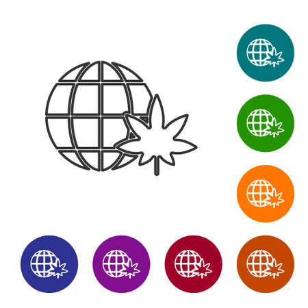Black line Legalize marijuana or cannabis globe symbol icon isolated on white background. Hemp symbol. Set icons in color circle buttons. Vector Illustration.のイラスト素材