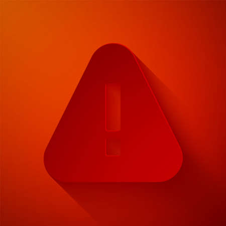 Paper cut Exclamation mark in triangle icon isolated on red background. Hazard warning sign, careful, attention, danger warning sign. Paper art style. Vector.のイラスト素材