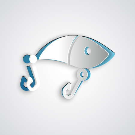 Paper cut Fishing lure icon isolated on grey background. Fishing tackle. Paper art style. Vector.のイラスト素材