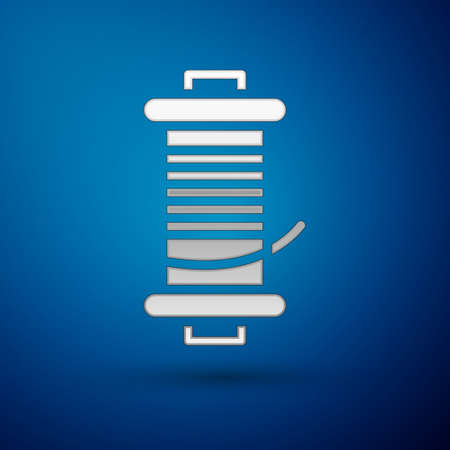 Silver Spinning reel for fishing icon isolated on blue background. Fishing coil. Fishing tackle. Vector.のイラスト素材