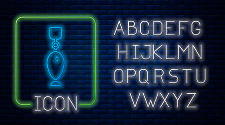 Glowing neon Fishing spoon icon isolated on brick wall background. Fishing baits in shape of fish. Fishing tackle. Neon light alphabet. Vectorのイラスト素材
