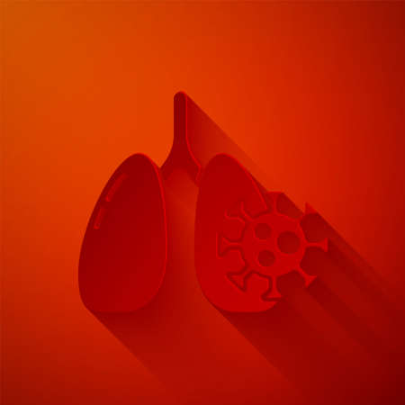 Paper cut Virus cells in lung icon isolated on red background. Infected lungs. Coronavirus, COVID-19. 2019-nCoV. Paper art style. Vector ..のイラスト素材