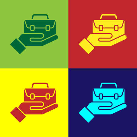 Pop art Hand holding briefcase icon isolated on color background. Insurance concept. Security, safety, protection, protect concept. Vector ..のイラスト素材