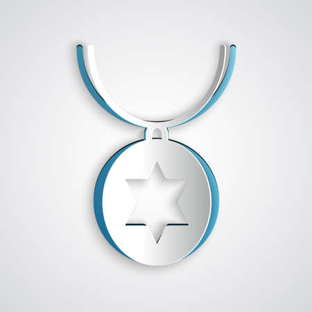Paper cut Star of David necklace on chain icon isolated on grey background. Jewish religion. Symbol of Israel. Jewellery and accessory. Paper art style. Vector Illustrationのイラスト素材