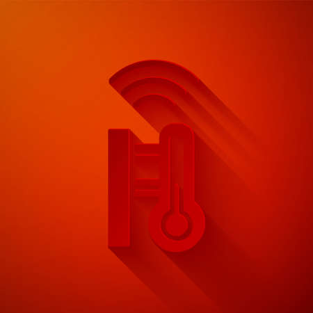 Paper cut Smart meteorology thermometer measuring system icon isolated on red background. Internet of things concept with wireless connection. Paper art style. Vectorのイラスト素材
