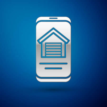Silver Online real estate house on smartphone icon isolated on blue background. Home loan concept, rent, buy, buying a property. Vectorのイラスト素材