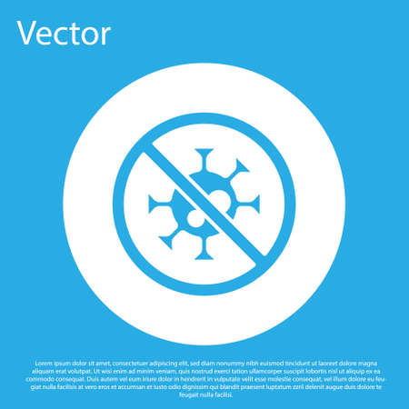 Blue Stop virus icon isolated on blue background. Corona virus 2019-nCoV. Bacteria and germs, cell cancer, microbe, fungi. White circle button. Vector.のイラスト素材
