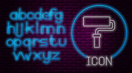 Glowing neon line Paint roller brush icon isolated on brick wall background. Neon light alphabet. Vectorのイラスト素材