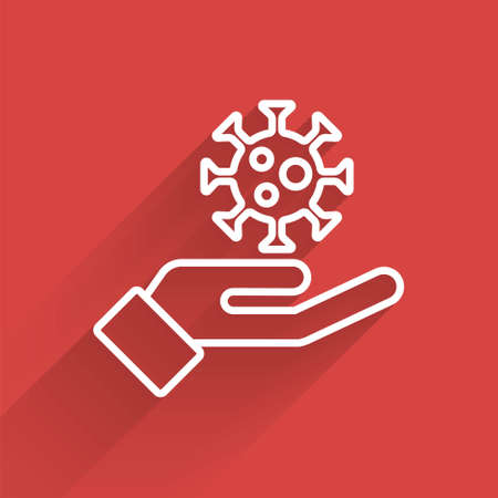 White line Hand with virus icon isolated with long shadow. Corona virus 2019-nCoV. Bacteria and germs, cell cancer, microbe, fungi. Vector.のイラスト素材