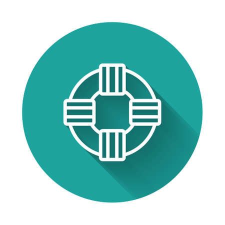 White line Lifebuoy icon isolated with long shadow. Lifebelt symbol. Green circle button. Vector.のイラスト素材
