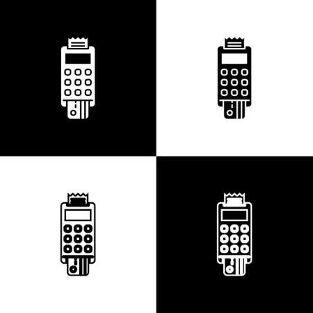 Set POS terminal with inserted credit card and printed reciept icon isolated on black and white background. NFC payment concept. Vector Illustrationのイラスト素材