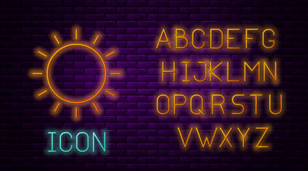 Glowing neon line Sun icon isolated on brick wall background. Summer symbol. Good sunny day. Neon light alphabet. Vector Illustrationのイラスト素材
