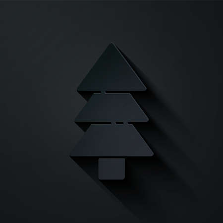 Paper cut Tree icon isolated on black background. Forest symbol. Paper art style. Vector Illustrationのイラスト素材