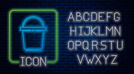 Glowing neon Bucket icon isolated on brick wall background. Cleaning service concept. Neon light alphabet. Vector Illustrationのイラスト素材