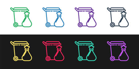 Set line Trash can and garbage bag icon isolated on black and white background. Garbage bin sign. Recycle basket icon. Office trash icon. Vector Illustrationのイラスト素材