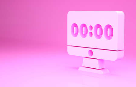 Pink Clock on computer monitor screen icon isolated on pink background. Schedule concepts. Minimalism concept. 3d illustration 3D renderの写真素材