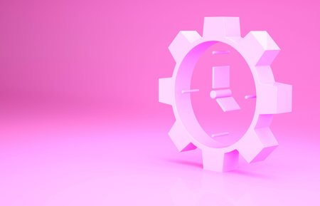 Pink Time Management icon isolated on pink background. Clock and gear sign. Productivity symbol....