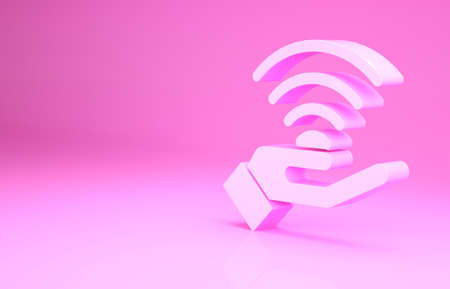 Pink 5G new wireless internet wifi connection icon isolated on pink background. Global network high speed connection data rate technology. Minimalism concept. 3d illustration 3D renderの写真素材