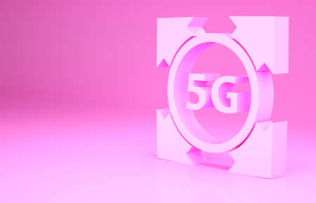Pink 5G new wireless internet wifi connection icon isolated on pink background. Global network high speed connection data rate technology. Minimalism concept. 3d illustration 3D renderの写真素材