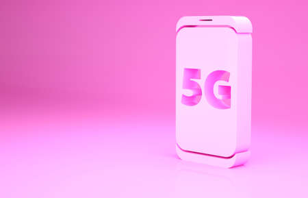 Pink Mobile with 5G new wireless internet wifi icon isolated on pink background. Global network high speed connection data rate technology. Minimalism concept. 3d illustration 3D renderの写真素材