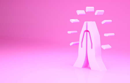 Pink Hands in praying position icon isolated on pink background. Prayer to god with faith and hope. Minimalism concept. 3d illustration 3D renderの写真素材