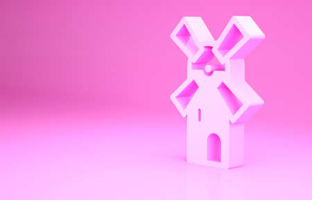 Pink Windmill icon isolated on pink background. Minimalism concept. 3d illustration 3D renderの写真素材