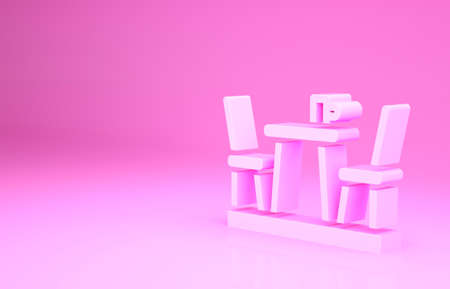 Pink French cafe icon isolated on pink background. Street cafe. Table and chairs. Minimalism concept. 3d illustration 3D renderの写真素材