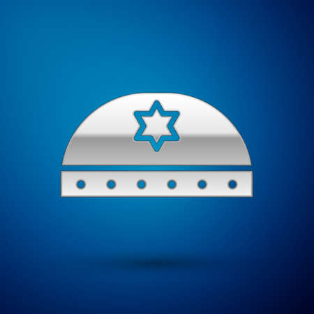 Silver Jewish kippah with star of david icon isolated on blue background. Jewish yarmulke hat. Vector Illustrationのイラスト素材