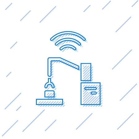 Blue line Industrial machine robotic robot arm hand factory icon isolated on white background. Industrial robot manipulator. Vectorのイラスト素材