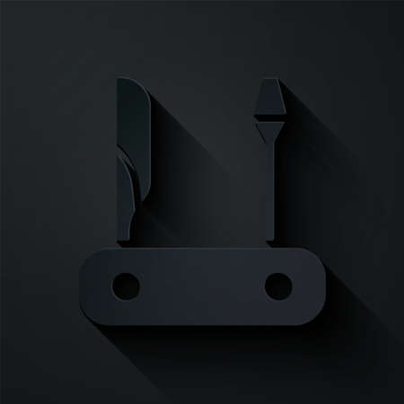 Paper cut Swiss army knife icon isolated on black background. Multi-tool, multipurpose penknife. Multifunctional tool. Paper art style. Vectorのイラスト素材