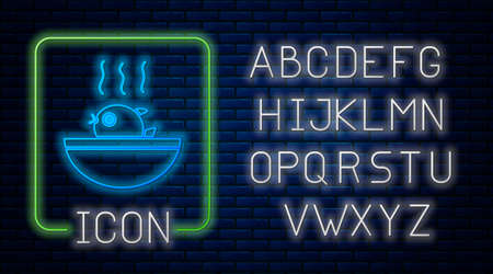 Glowing neon Puffer fish soup icon isolated on brick wall background. Fugu fish japanese puffer fish. Neon light alphabet. Vector.のイラスト素材